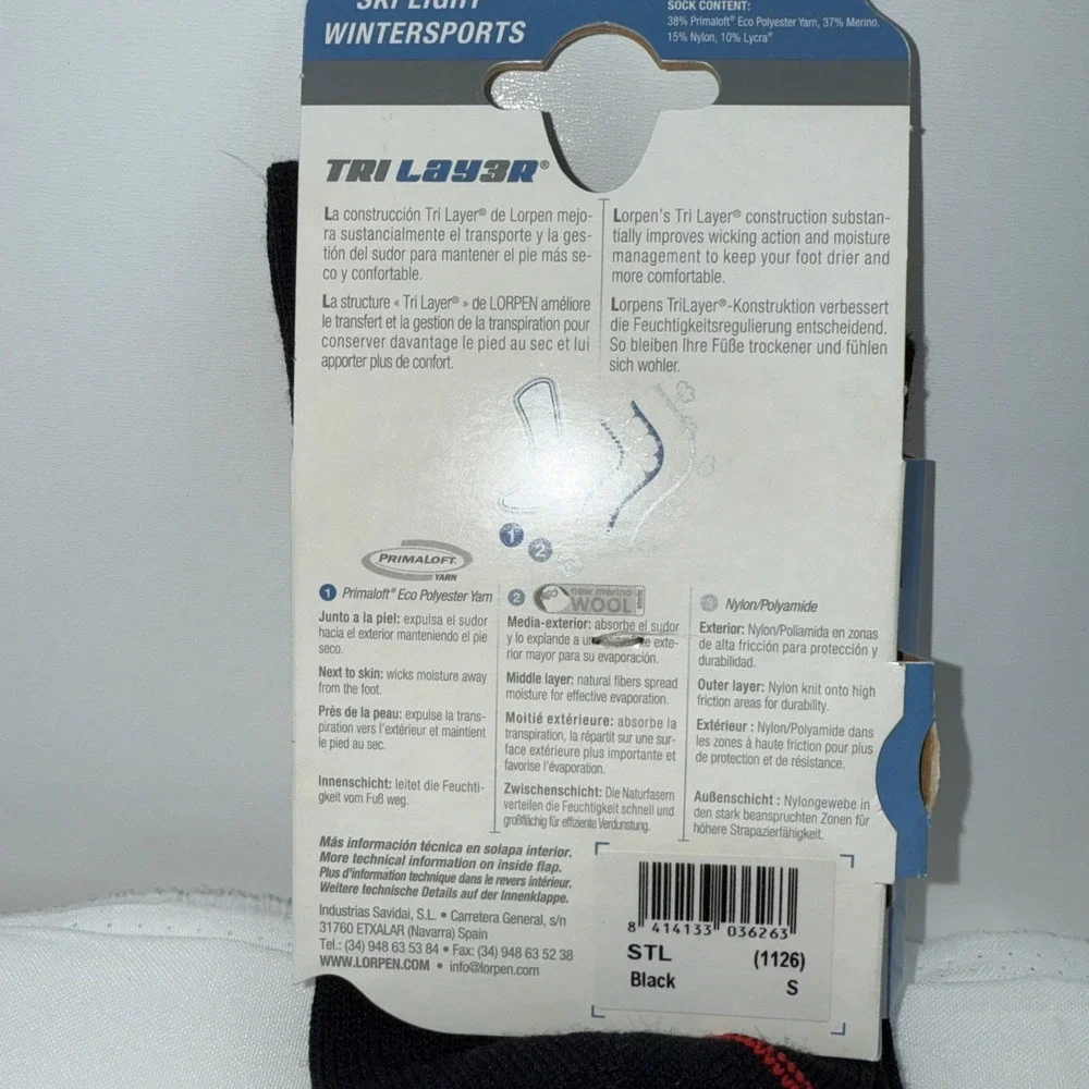 Lorpen SKI LIGHT Black Socks Size S Merino Blend Tri Layer NWT Men Women‎ Winter